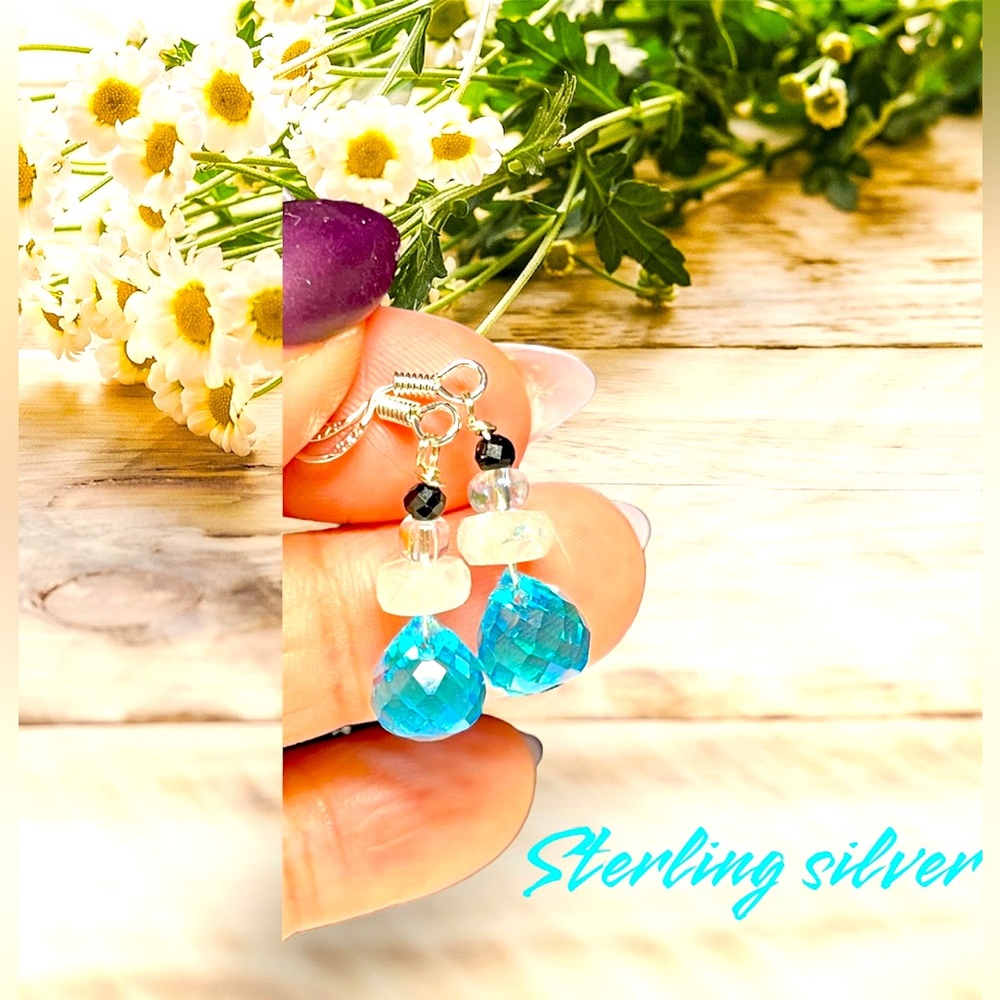 🌓 genuine moonstone black spinel and Swarovski  sterling earrings